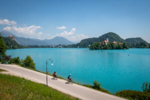 Cycling along the Bled Lake, Slovenia.