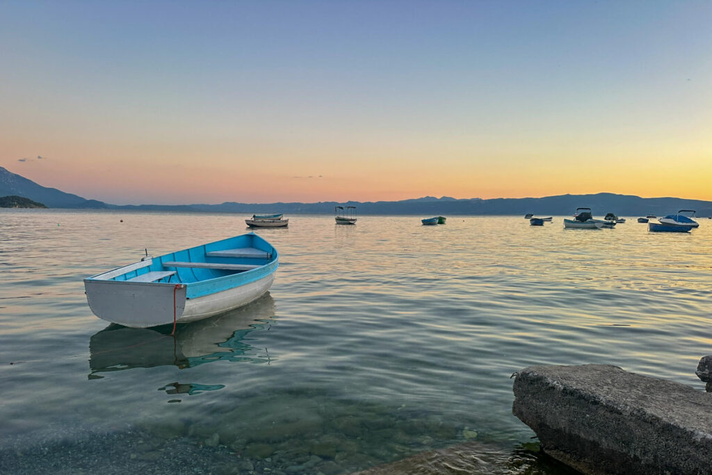 Peaceful Lake Ohrid in North Macedonia at sunset.