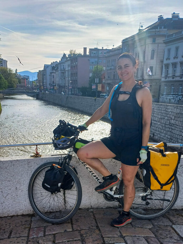 Jessica in Sarajevo, the capital of Bosnia and Herzegovina and an important crossroads of the Trans Dinarica stages.