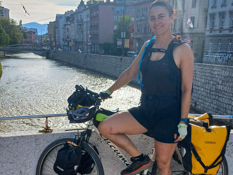 Jessica in Sarajevo, the capital of Bosnia and Herzegovina and an important crossroads of the Trans Dinarica stages.